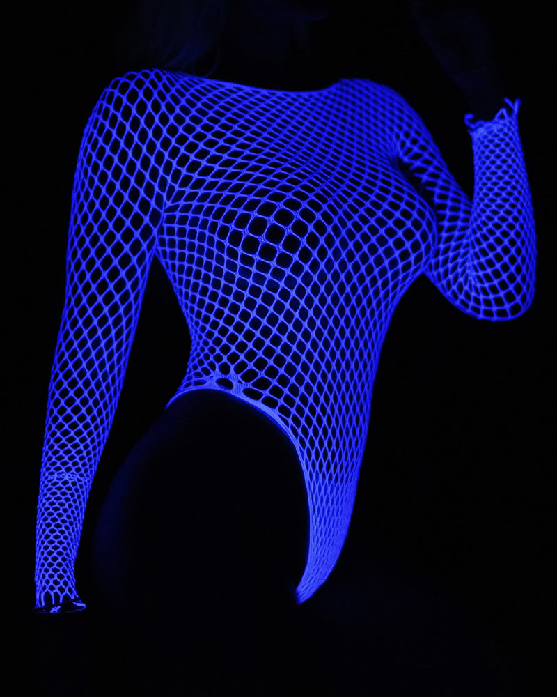 Luminous Blue Long Sleeve Fishnet Bodysuits White(Blue) One Size (fits 88-160lb) Avidlove-Bodysuits - Tophatter Daily Deals