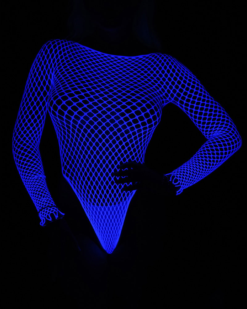 Luminous Blue Long Sleeve Fishnet Bodysuits Avidlove-Bodysuits - Tophatter Daily Deals