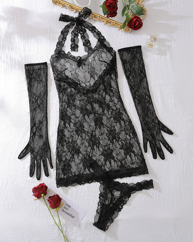 Sheer Lace Slip Dress with Gloves Black Avidlove-Chemises - Tophatter Daily Deals