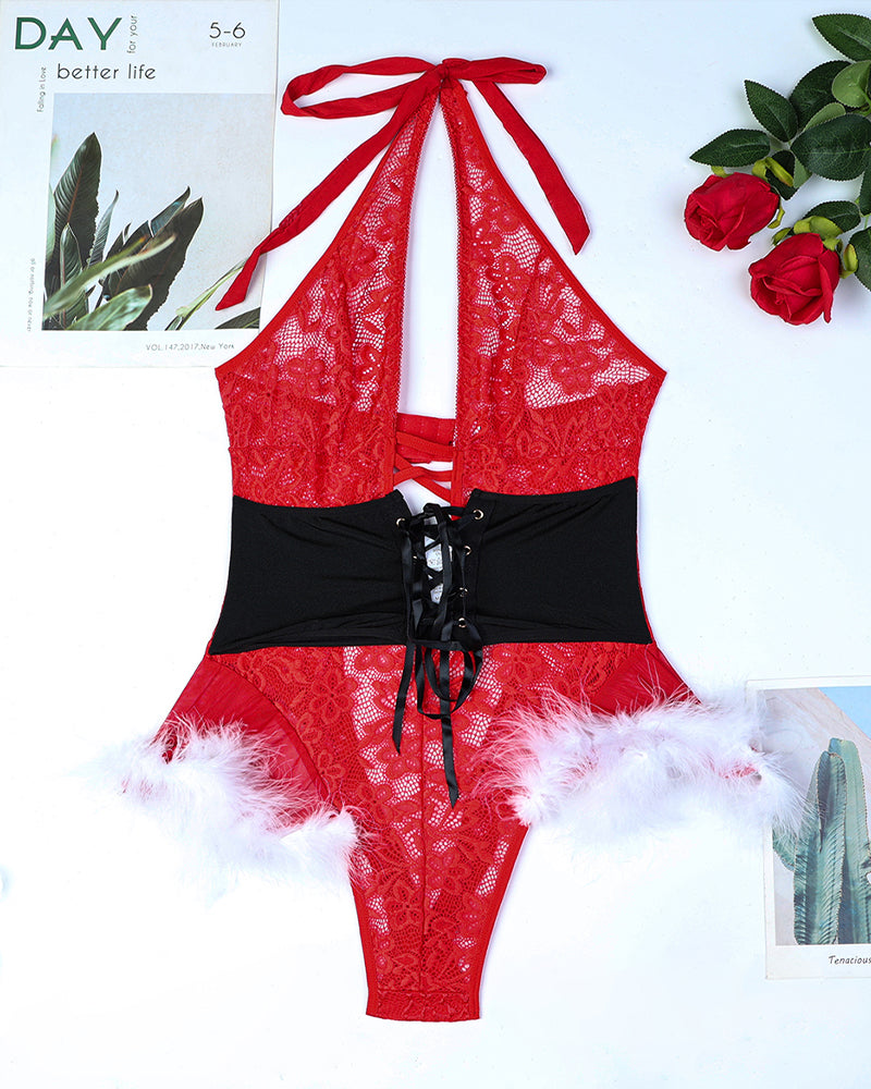 Floral Lace Fuzzy Trim Christmas Bodysuit Red Avidlove-Bodysuits - Tophatter Daily Deals