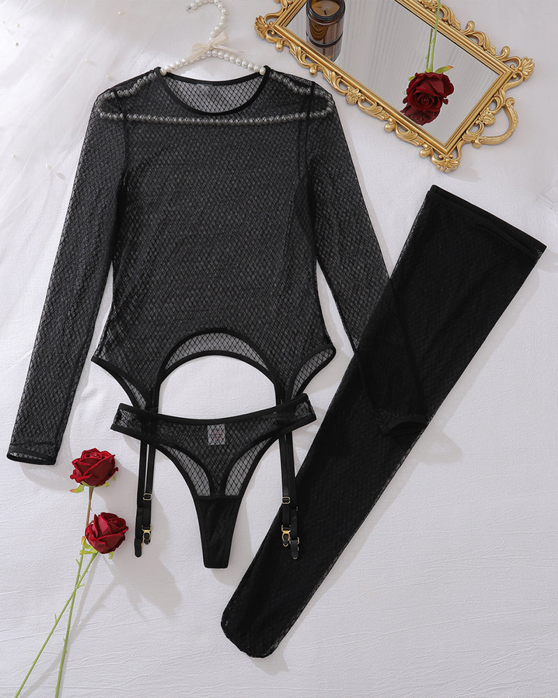 Long Sleeve Sheer Top Panty Set+Stockings Black Avidlove-Bodysuits - Tophatter Daily Deals