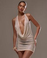 Halter Neck Draped Mesh Diamonte Mini Dress Apricot Avidlove-Dresses - Tophatter Daily Deals