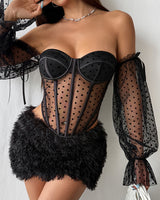 Long Sleeve Polka Dot Off-shoulder Corset Black Avidlove-Bustiers - Tophatter Daily Deals