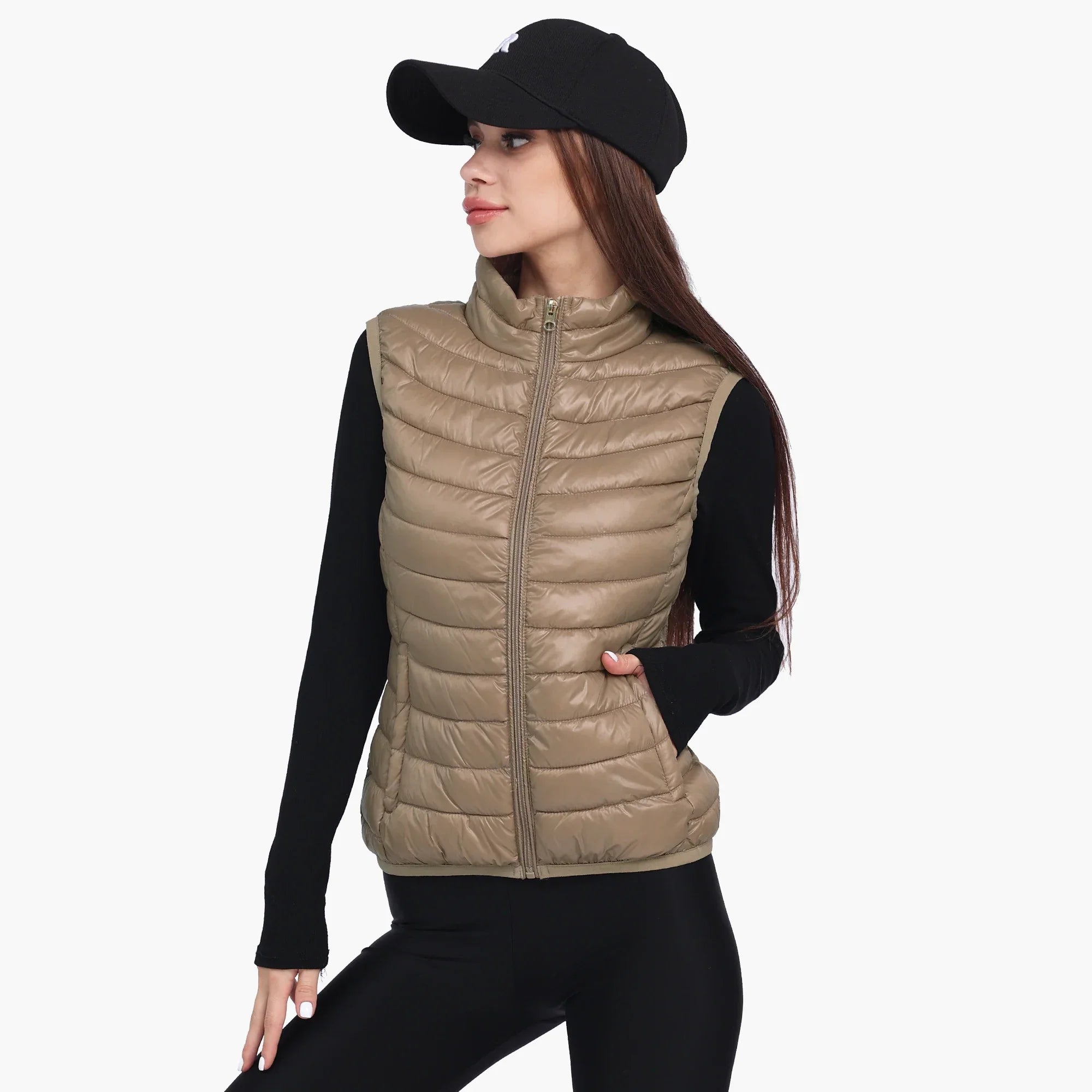 Lightweight Versatile Women's Puffer Vest - Sleeveless Beige - Tophatter Daily Deals