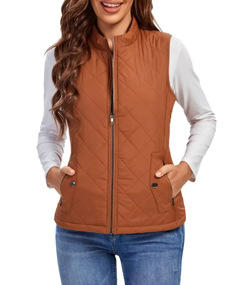 Lightweight Women Quilted Vest - Stand Collar Cotton Winter Orange - Tophatter Daily Deals