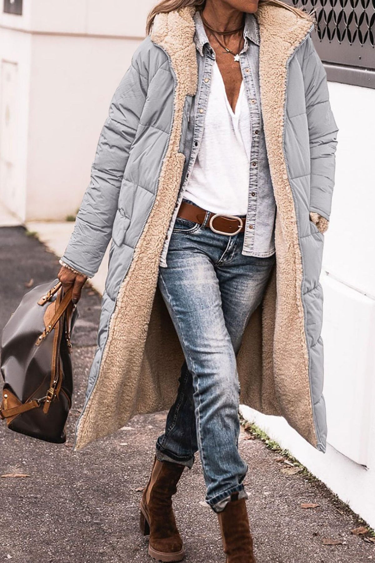 Warm Women’s Reversible Long Coat - Quilted Sherpa Hooded Gray - Tophatter Daily Deals
