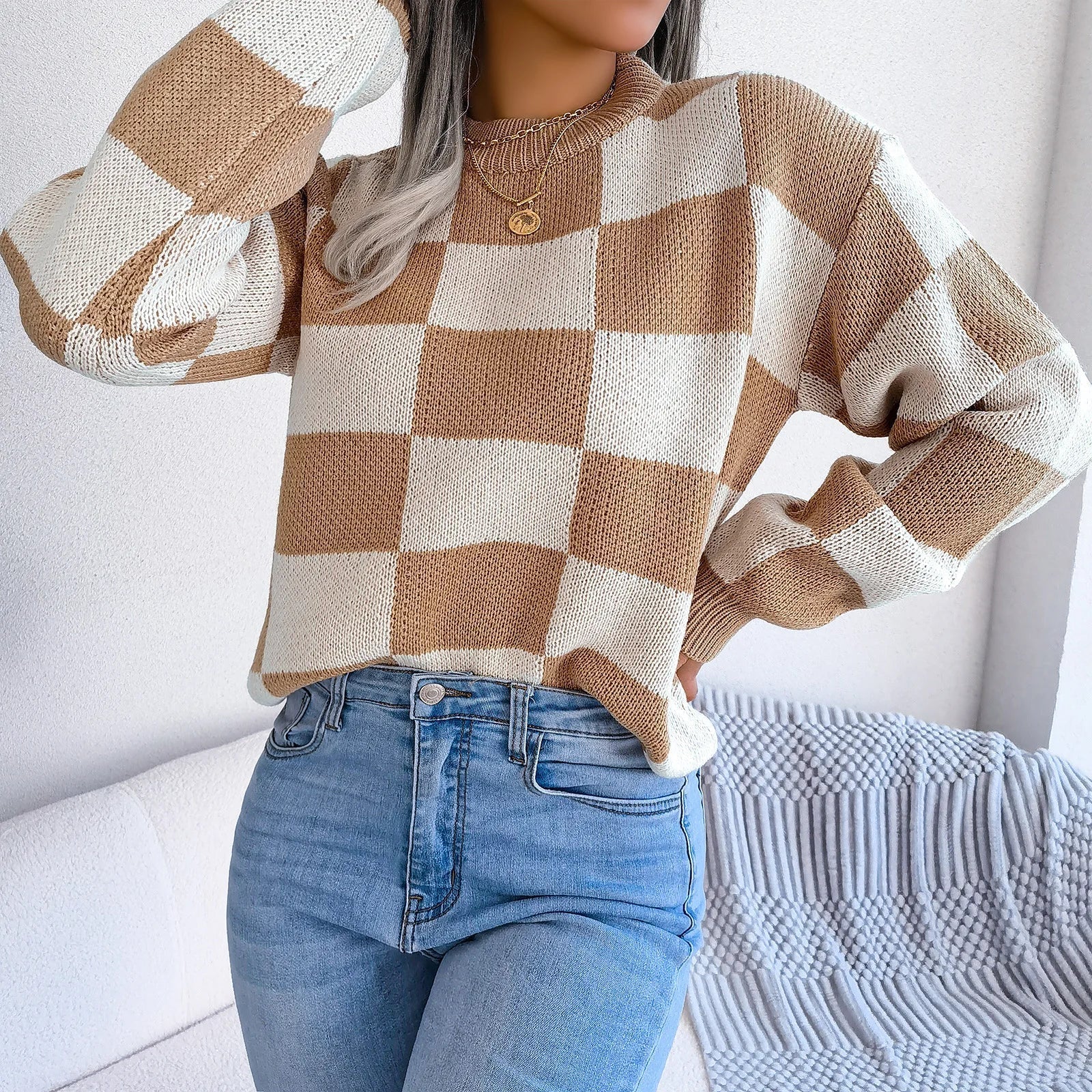 Oversized Cozy Women's Knit Sweater - Checkered, Soft - Tophatter Daily Deals