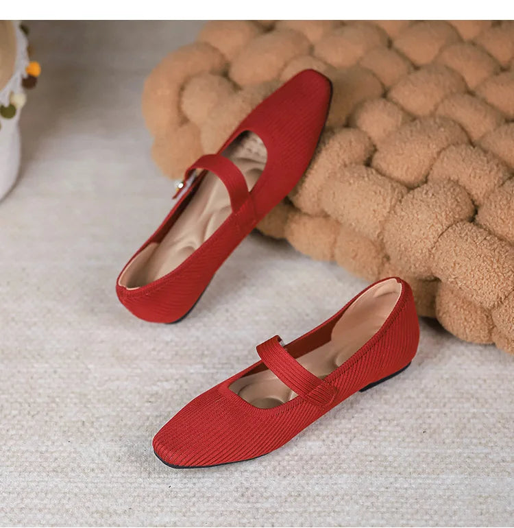 Stretchy Women Mary Jane Flats - Ribbed Knit For Spring Red - Tophatter Daily Deals
