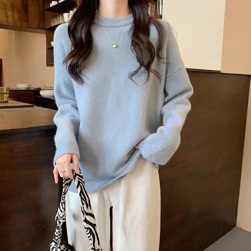 Cozy Oversized Women’s Pullover Sweater - Round Neck Knit Blue One Size - Tophatter Daily Deals