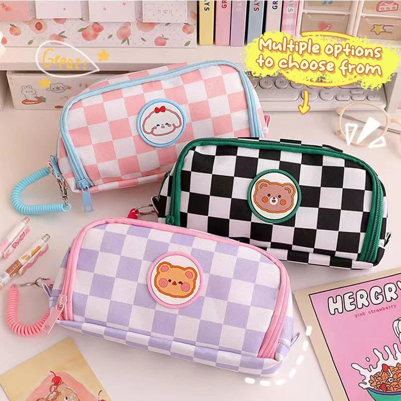 Kawaii Checkerboard Pencil Case Large Capacity Animals - Tophatter Daily Deals