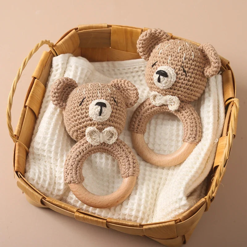 Crochet Bear Teether Rattle Ring Newborn Sensory Toys - Tophatter Daily Deals