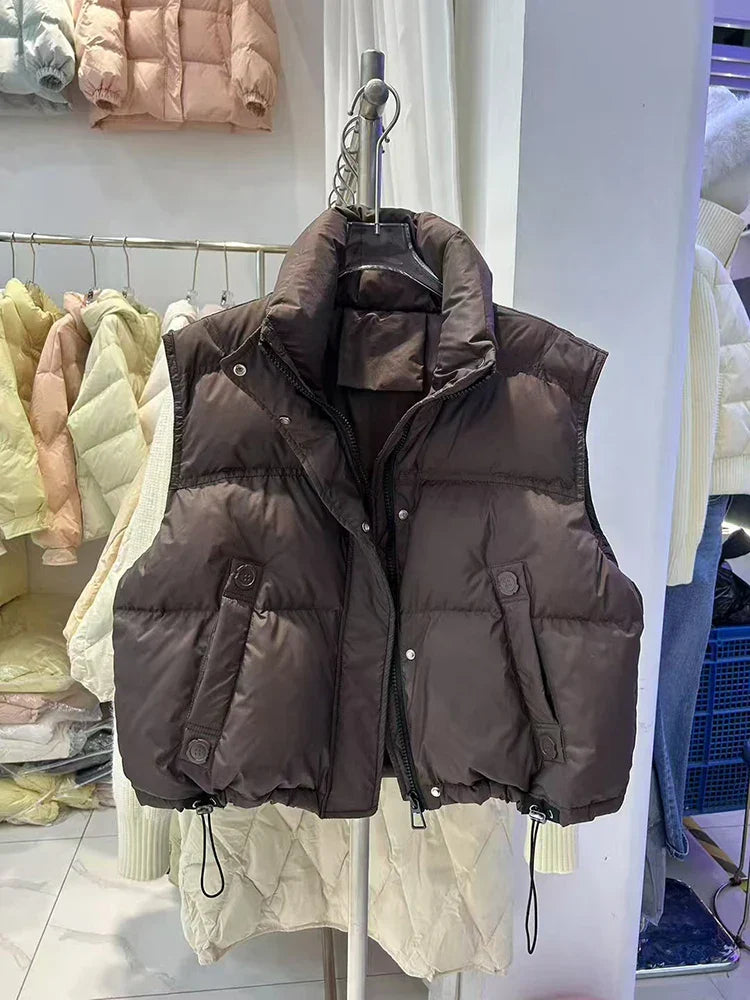 Warm Women’s Down Vest - Stand Collar, Duck Down, Winter Brown - Tophatter Daily Deals