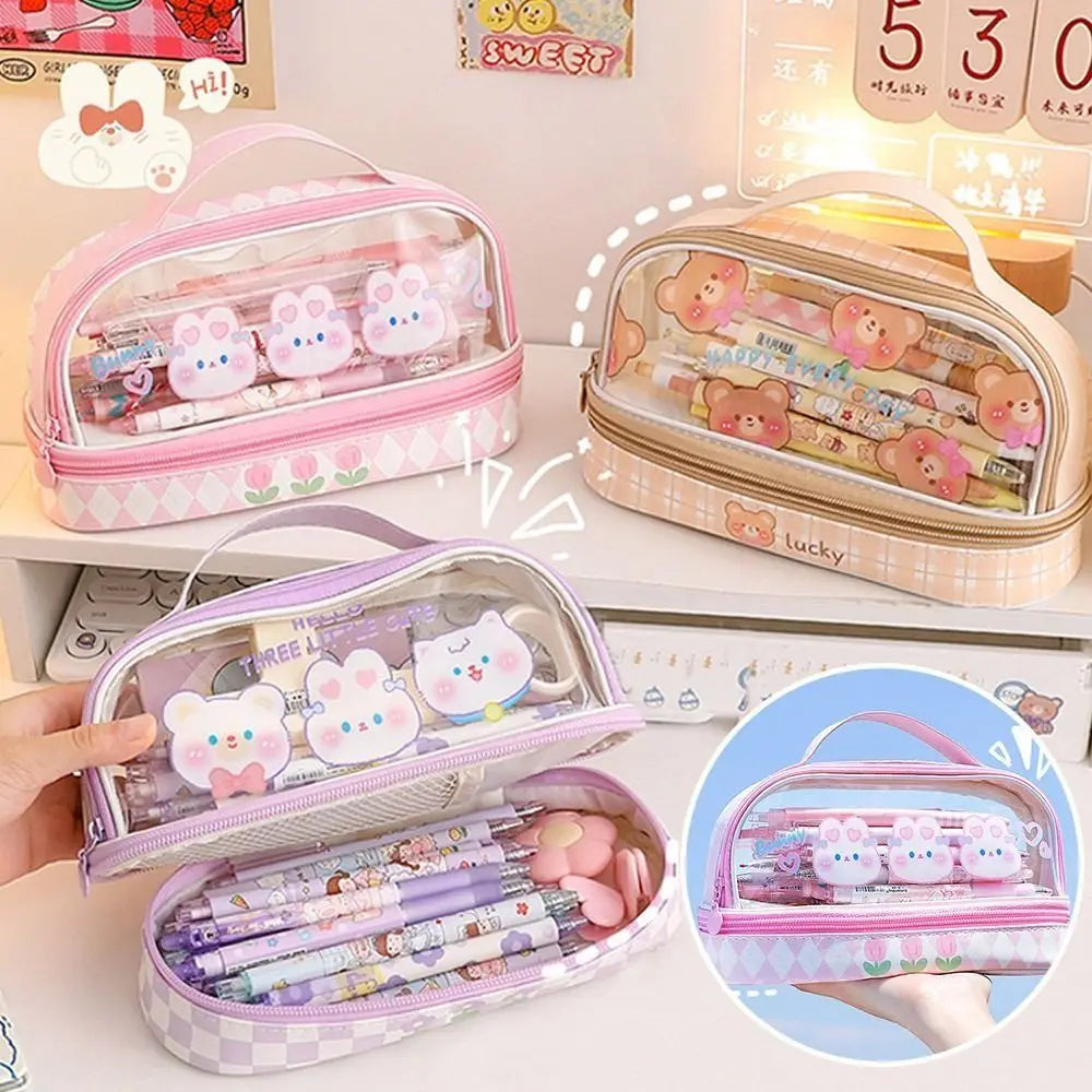 Kawaii Double Layer Pencil Case Large Transparent Stationery Animals - Tophatter Daily Deals