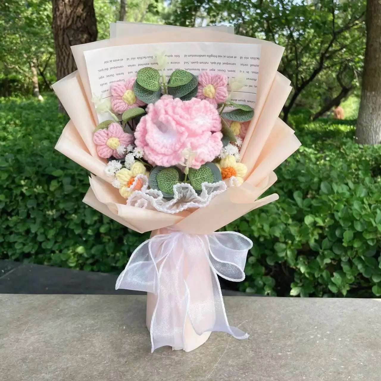 Crochet Knitted Plush Flowers Bouquet Peach x Pink Flowers - Tophatter Daily Deals