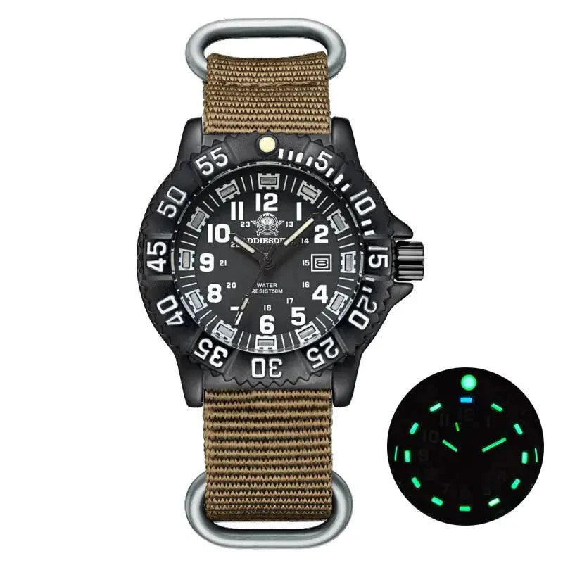 Military Watch Green Nylon Strap 50m Waterproof Luminous Nylon khaki - Tophatter Daily Deals