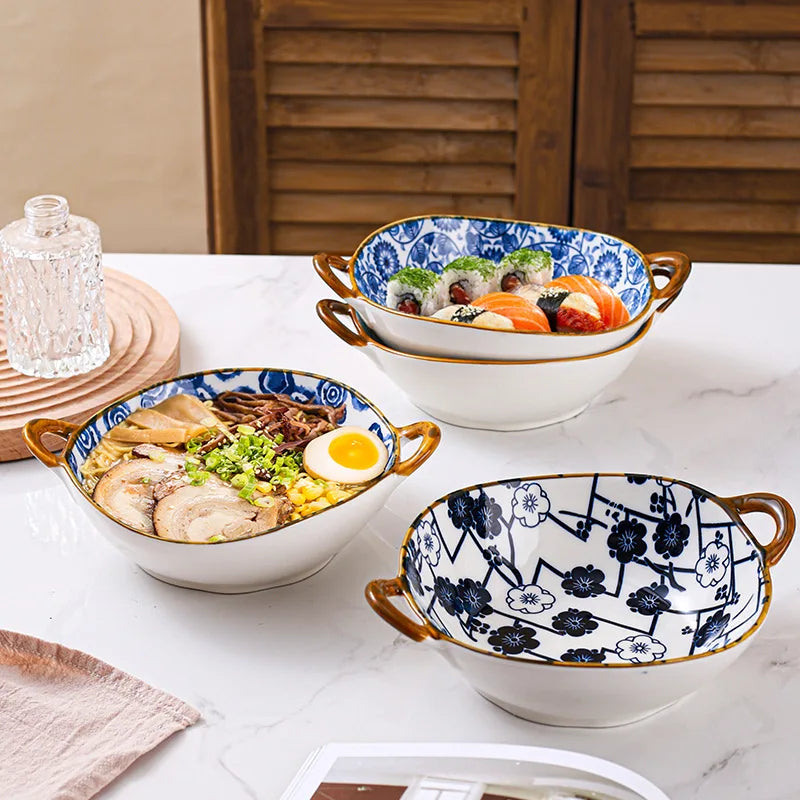7.5 Inch Japanese Ceramic Noodle Bowl With Handles Blue - Tophatter Daily Deals