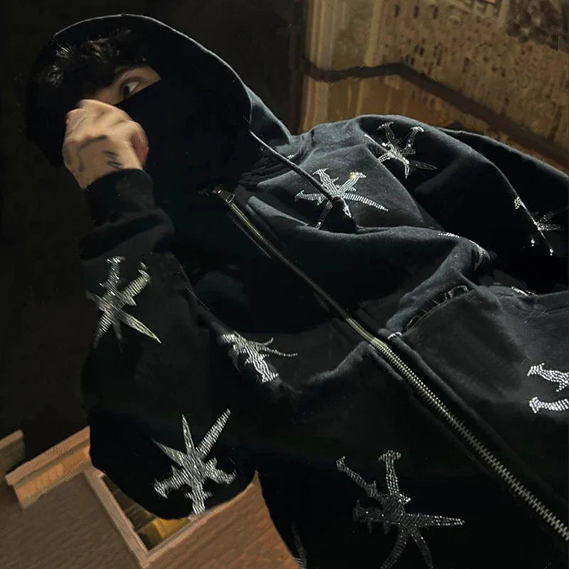 Oversized Men’s Zip Hoodie - Rhinestone Skeleton, Cotton - Tophatter Daily Deals