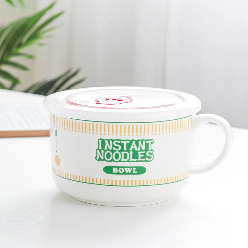 Instant Noodle Bowl Ceramic With Handle And Lid Large Green 5.25 inches - Tophatter Daily Deals