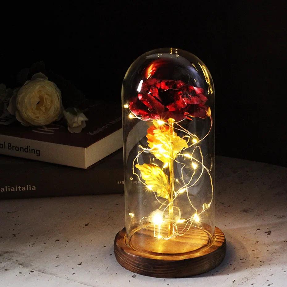 Beauty & The Beast Eternal Red Rose In Glass Dome with LED Lights Wine Red Flowers - Tophatter Daily Deals
