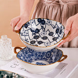 7.5 Inch Japanese Ceramic Noodle Bowl With Handles Blue - Tophatter Daily Deals