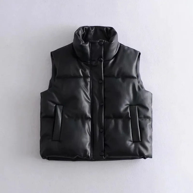 Warm Women’s PU Leather Vest - Padded Short, For Winter - Tophatter Daily Deals