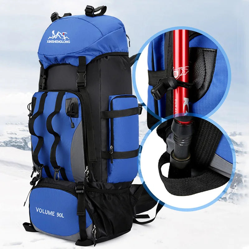 90L Waterproof Camping Backpack with Cover Blue Backpacks - Tophatter Daily Deals