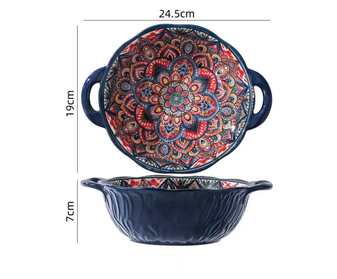 Ceramic Soup Bowl Bohemian Handle Embossed Microwave 9.29in bowl blue 7.5 inch - Tophatter Daily Deals