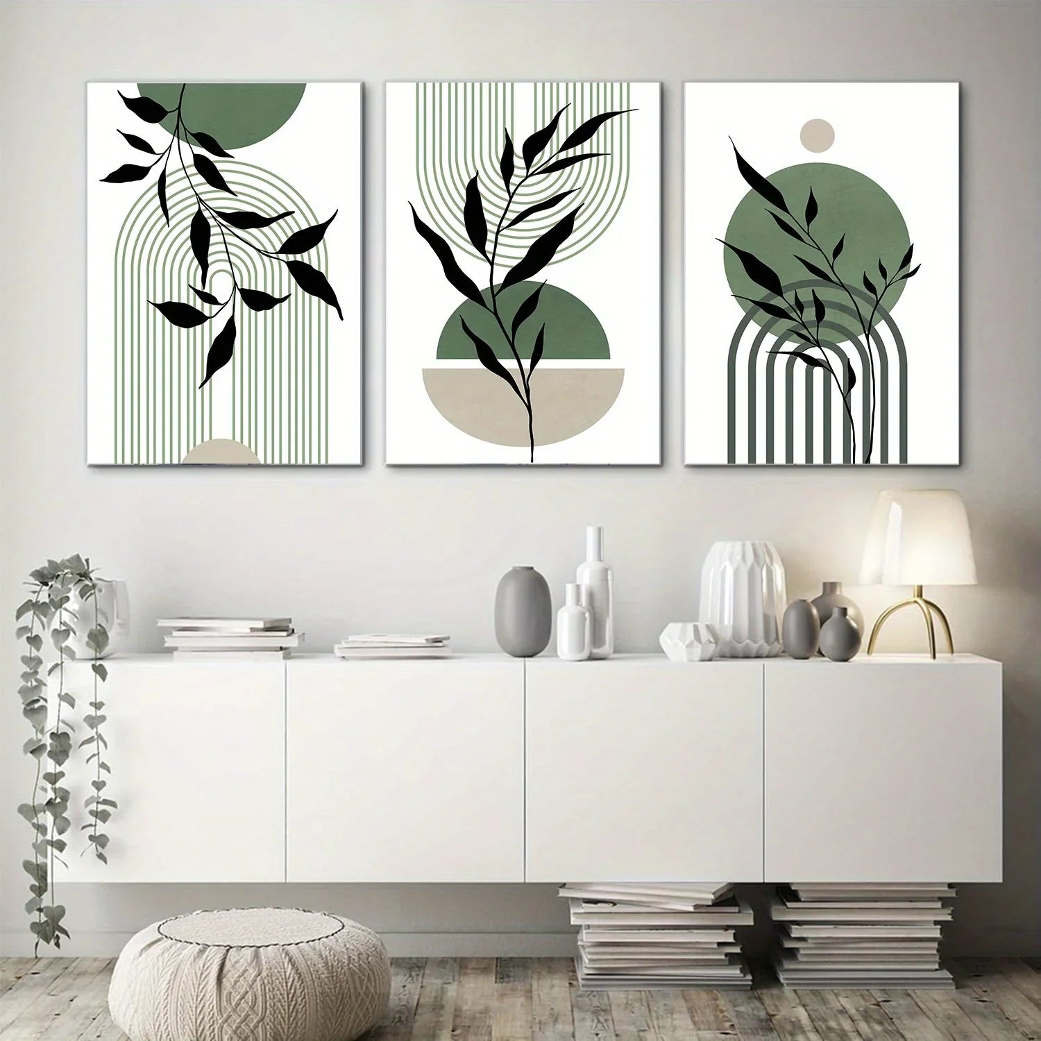 Sage Green Boho Wall Art Set 3Pc Mid Century Prints - Tophatter Daily Deals