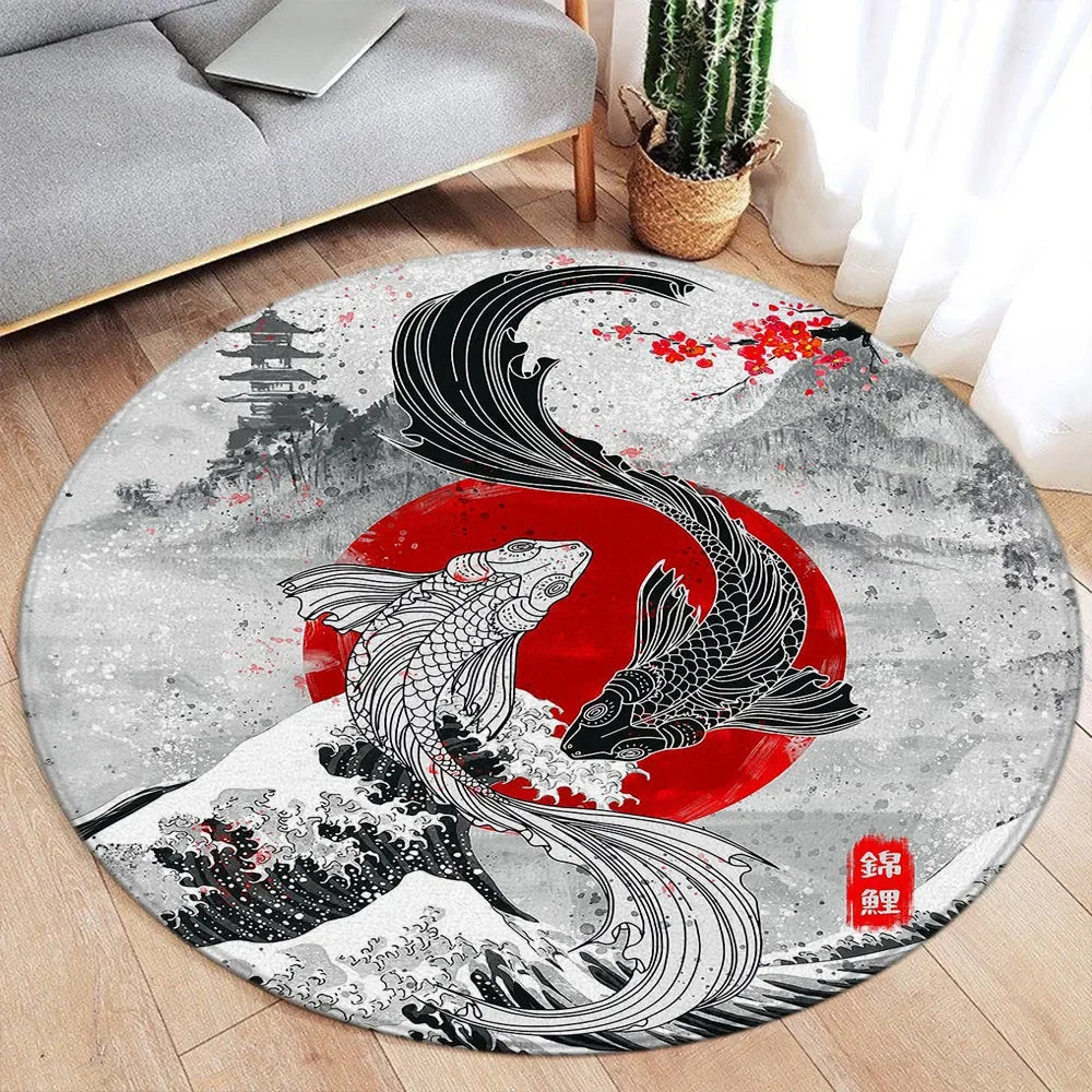 Koi Fish Round Rug Japanese Water Ink Floor Decor Serene DD-1591SC - Tophatter Daily Deals
