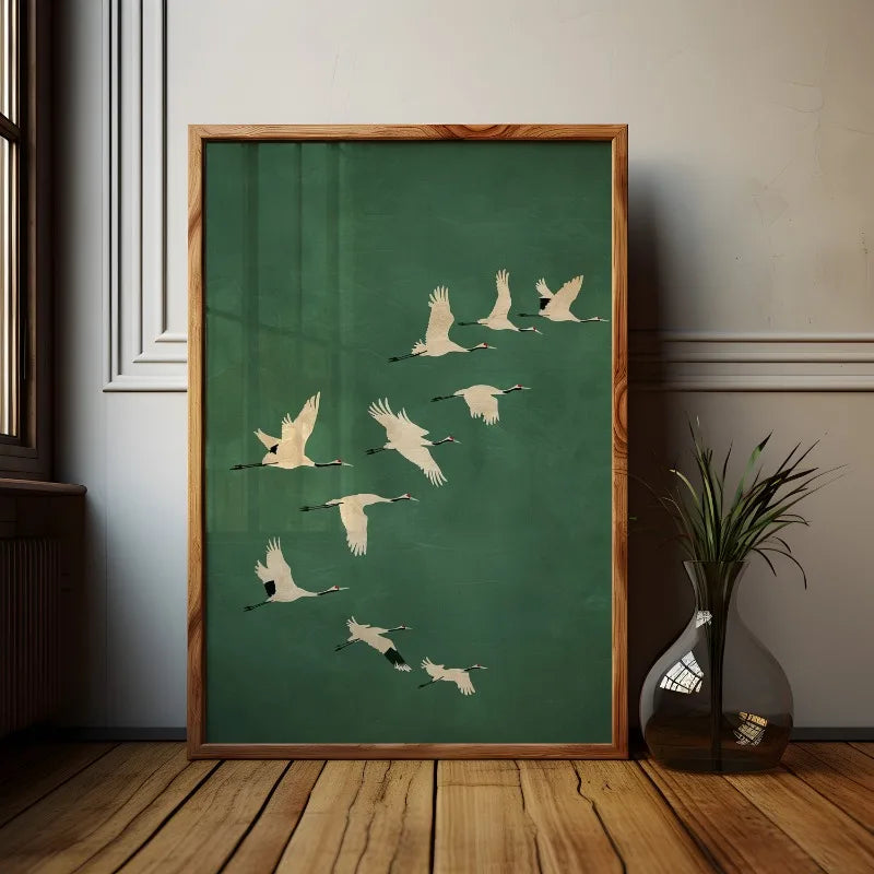 Cranes Wall Art Emerald Green Canvas With Gold Accents - Tophatter Daily Deals
