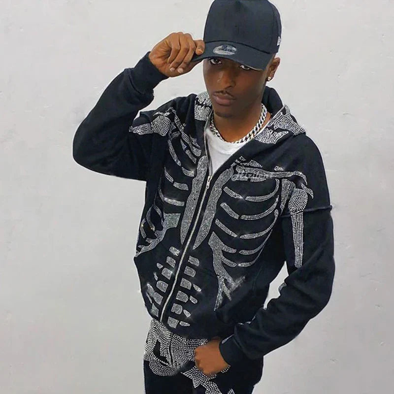 Oversized Men’s Zip Hoodie - Rhinestone Skeleton, Cotton - Tophatter Daily Deals
