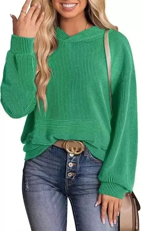 Lightweight Relaxed Womens Hoodie - Ribbed Knit, Casual Ocean Green - Tophatter Daily Deals