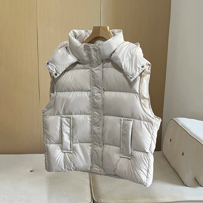 Insulating Women’s Hooded Puff Vest - Hip-Length, Down Beige - Tophatter Daily Deals