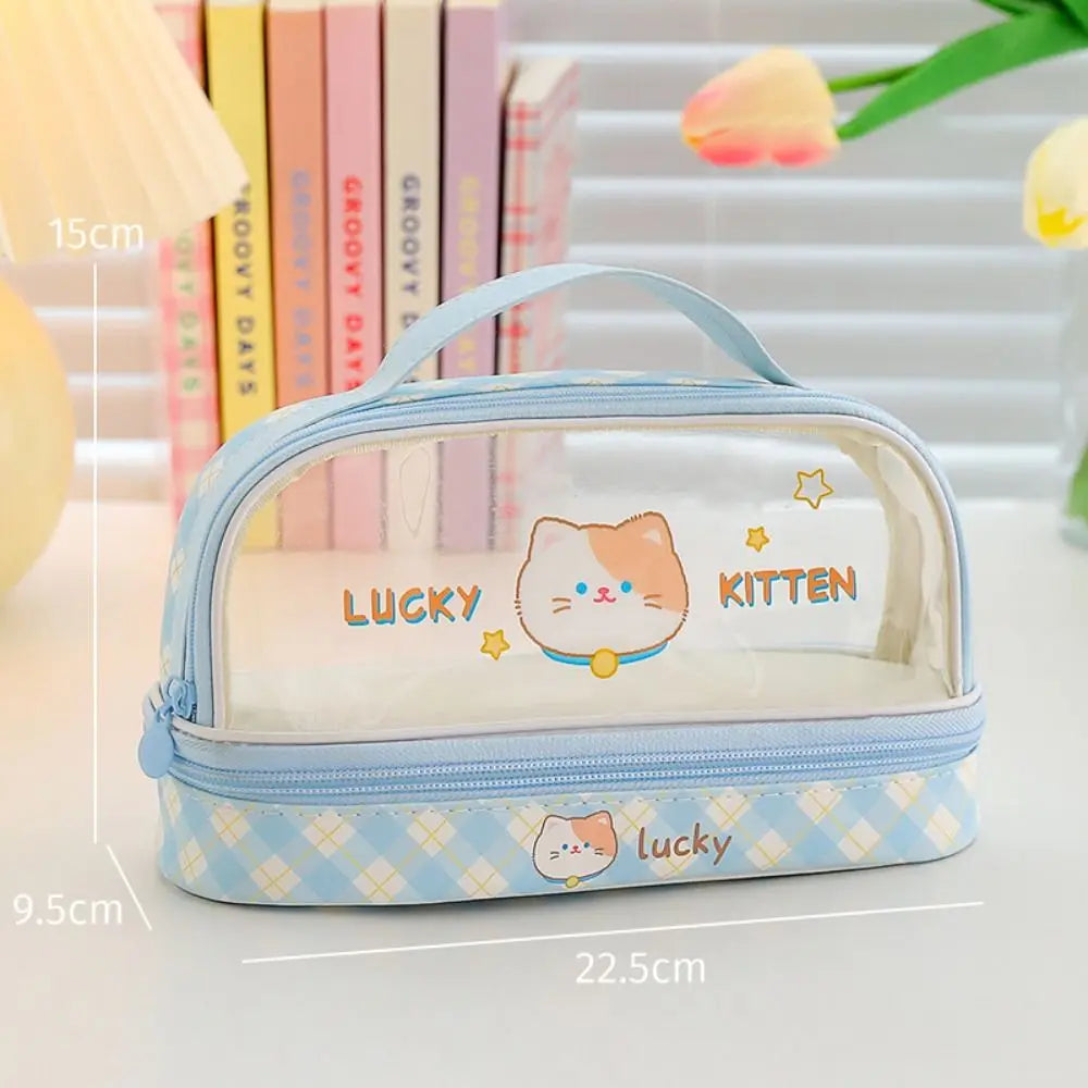 Kawaii Double Layer Pencil Case Large Transparent Stationery Blue Kitten Animals - Tophatter Daily Deals