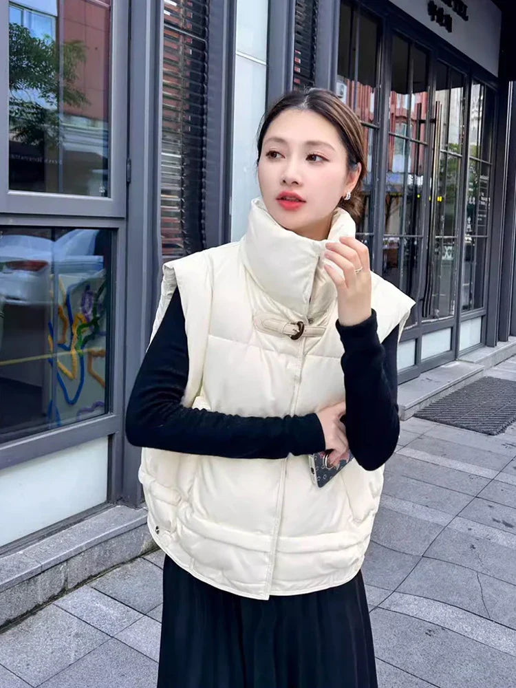 Warm Women’s Down Vest - Cropped Boxy, PU, Winter Layering - Tophatter Daily Deals