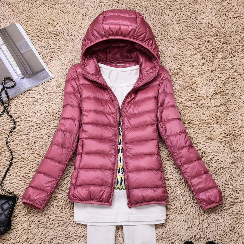 Lightweight Women’s Down Jacket - Hooded, Packable Travel Pink - Tophatter Daily Deals