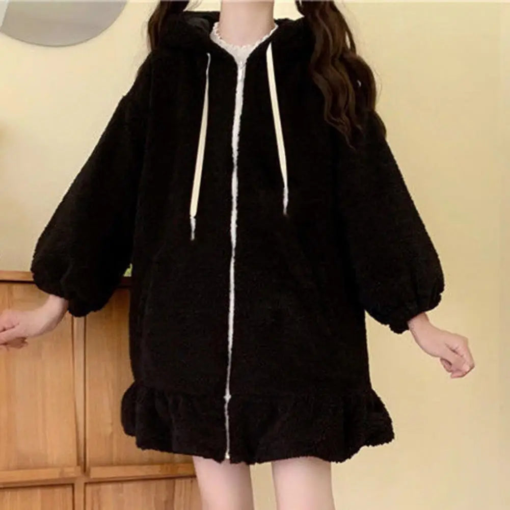 Hoodie Winter Bunny Ears White Black Pink Sweatshirt Long Sleeve Zip Up Hoodies Animals - Tophatter Daily Deals