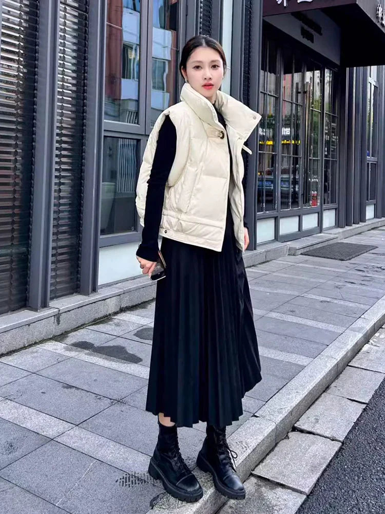 Warm Women’s Down Vest - Cropped Boxy, PU, Winter Layering - Tophatter Daily Deals