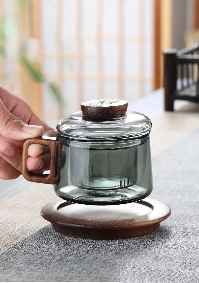 200ml Tea Infuser Cup Heat Resistant Glass Mug Wood Handle - Tophatter Daily Deals