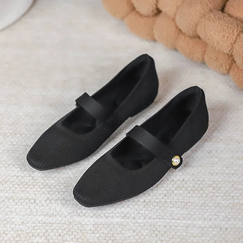 Stretchy Women Mary Jane Flats - Ribbed Knit For Spring - Tophatter Daily Deals