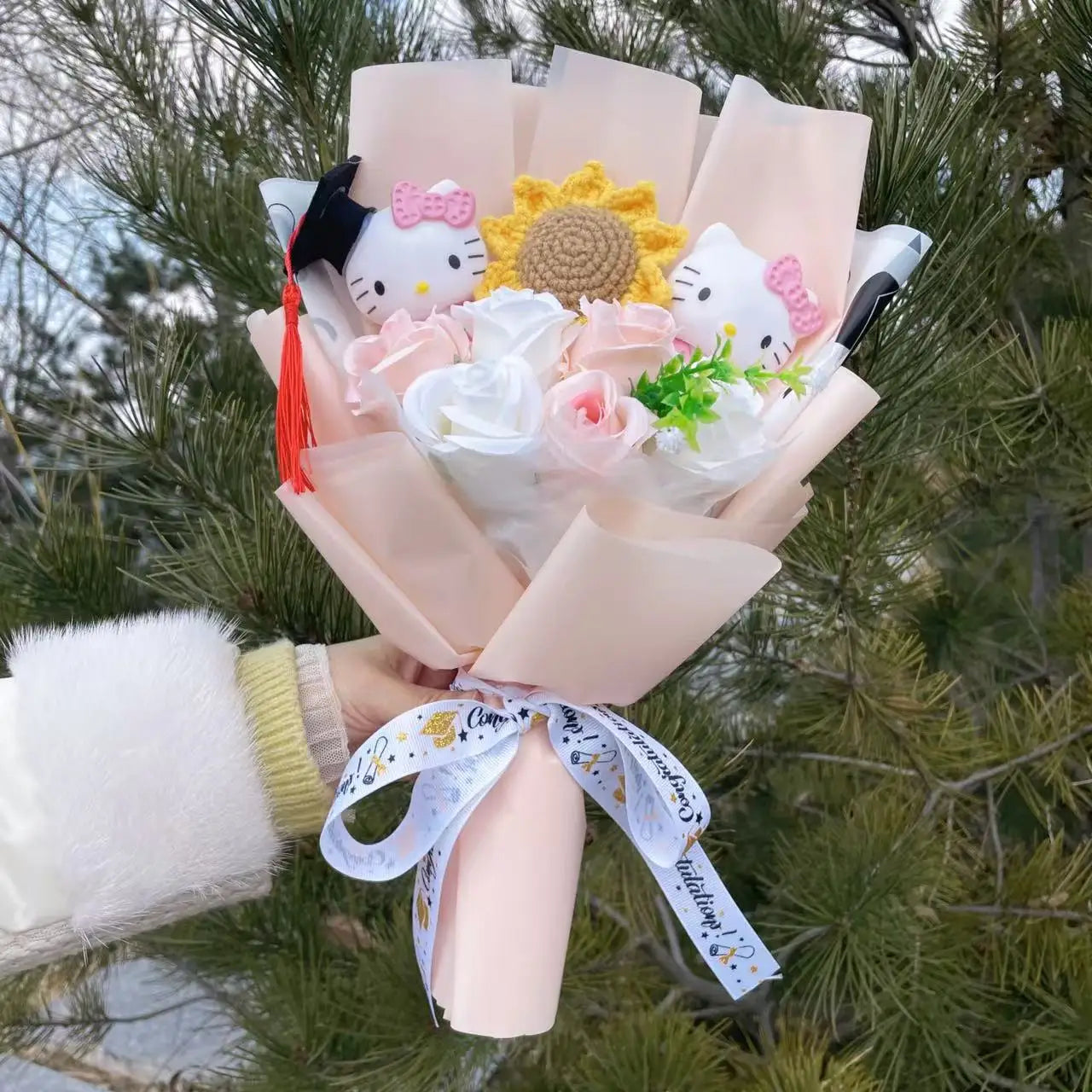 Sanrio Hello Kitty Plush Bouquet Flowers Pink Graduation - White Ribbon Flowers - Tophatter Daily Deals