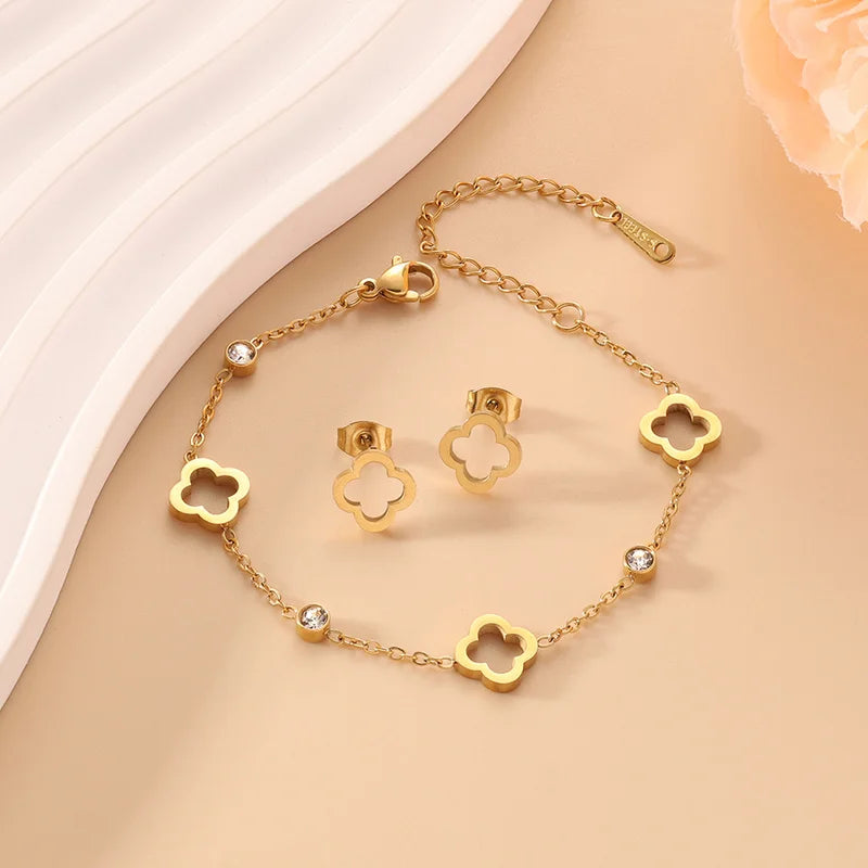 Clover Flower Stainless Steel Bracelet Set Gold Gift S6-3pcs-golden - Tophatter Daily Deals