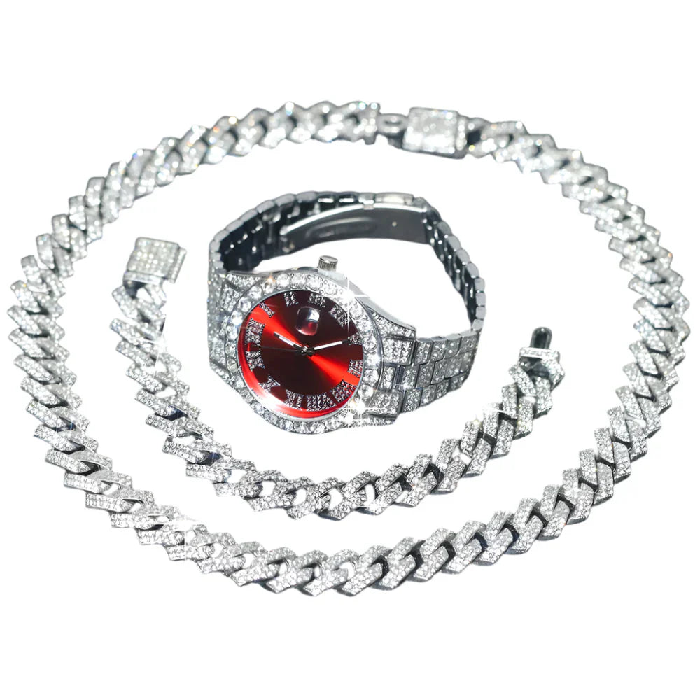 3pcs Mens Silver Watch Cuban Chain Bracelet Set (Red) Apparel & Accessories > Jewelry > Jewelry Sets - Tophatter Daily Deals