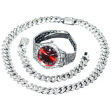 3pcs Mens Silver Watch Cuban Chain Bracelet Set (Red) Apparel & Accessories > Jewelry > Jewelry Sets - Tophatter Daily Deals