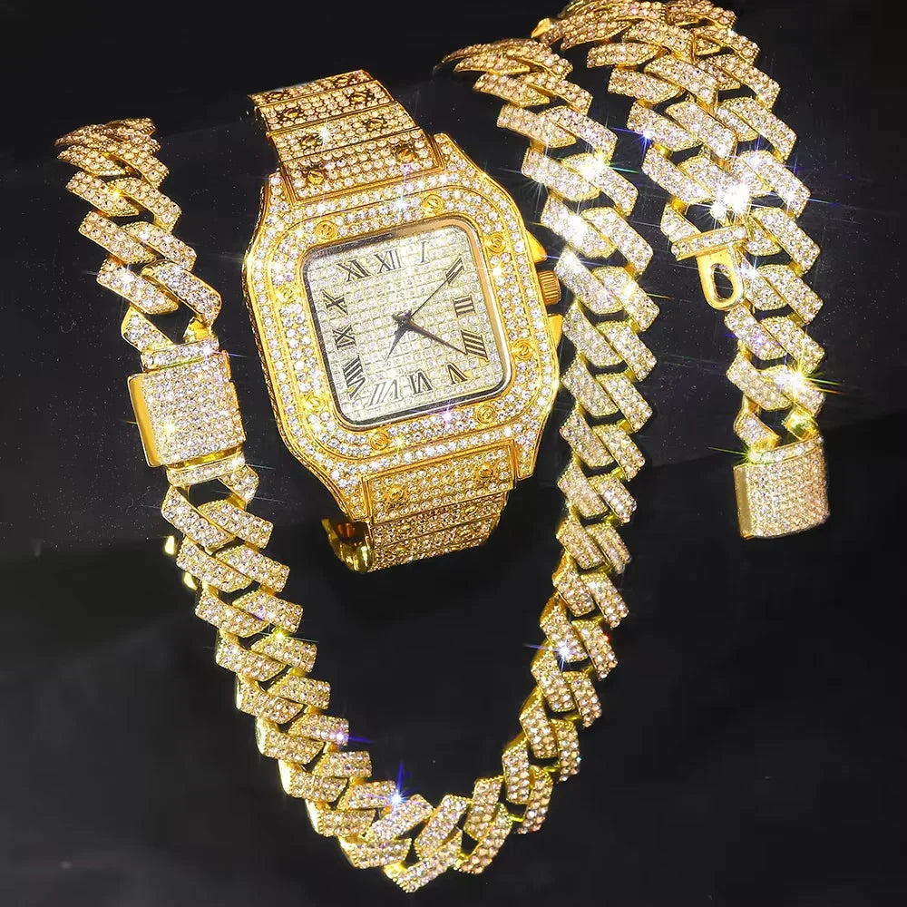 3pcs Men's Watch Set Square Watch Cuban Chain Bracelet (Gold) Apparel & Accessories > Jewelry > Jewelry Sets - Tophatter Daily Deals