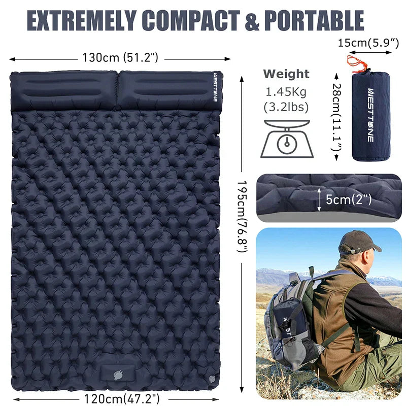 Inflatable Sleeping Pad Air Mattress with Built-in Pillow Pump Navy Blue Camping & Hiking - Tophatter Daily Deals