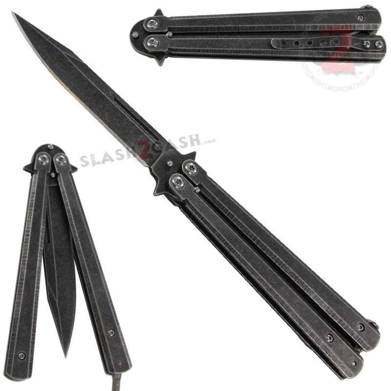 Stonewash Butterfly Knife Plain Edge Balisong w/ Spring Latch Knife-Balisong - Tophatter Daily Deals