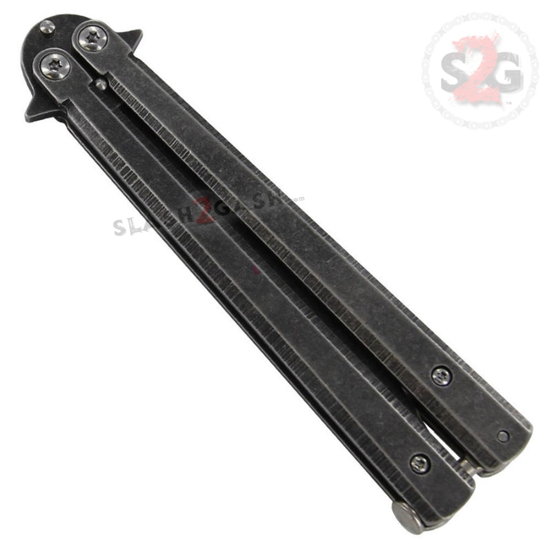 Stonewash Butterfly Knife Plain Edge Balisong w/ Spring Latch Knife-Balisong - Tophatter Daily Deals