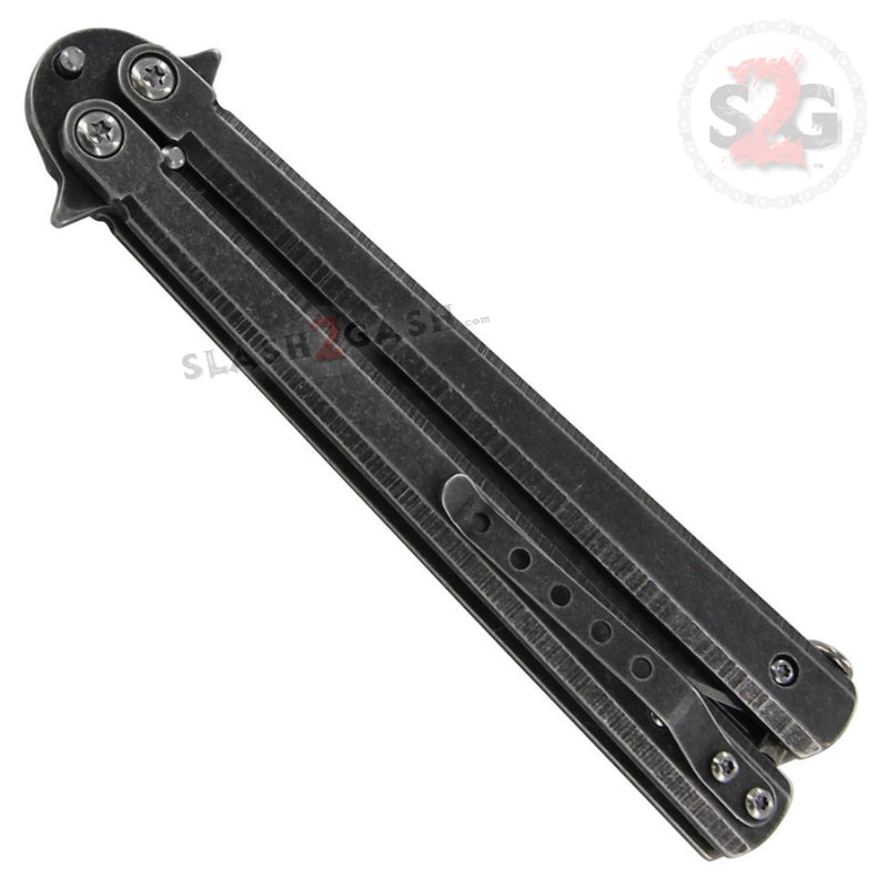 Stonewash Butterfly Knife Plain Edge Balisong w/ Spring Latch Knife-Balisong - Tophatter Daily Deals