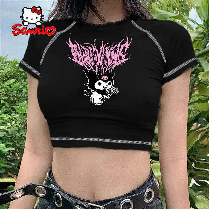 Sanrio Kuromi Short Sleeves Punk Style Vintage Fashion Print Short Expose Navel T-shirt Summer Girls Y2k Sexy Style Clothes Gift - Tophatter Daily Deals